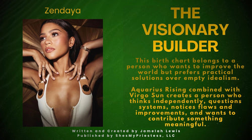 Promotional graphic for Zendaya with astrological description on a green background